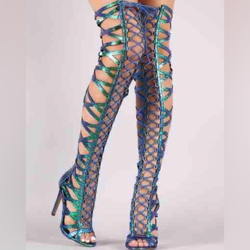 Thigh high blue boots